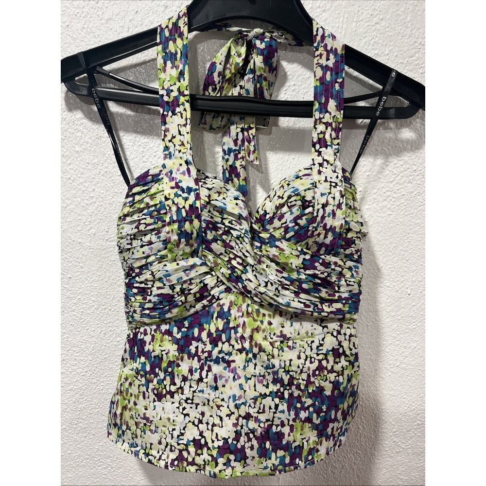 BEBE Y2K SILK Geometric Print Halter Babydoll Pleated Fairy Size XXS‎
